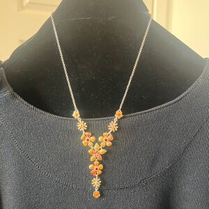 Avon Silver-Tone Orange Floral Y-Drop Necklace